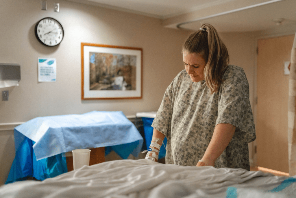 Pregnant woman in hospital gown stands beside hospital bed in distress.